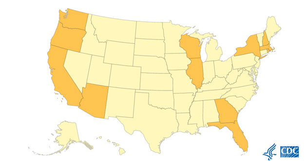 사진은 미국 질병통제예방센터에서 제공한 것으로 미국 내 코로나 19 현황을 보여주고 있다. 사진 내 오렌지 색으로 표시 된 곳이 미국 내 코로나 19 발병지역으로 현지 시각 기준으로 총 감염자는 60명이며 사망자는 6명으로 집계되고 있다.