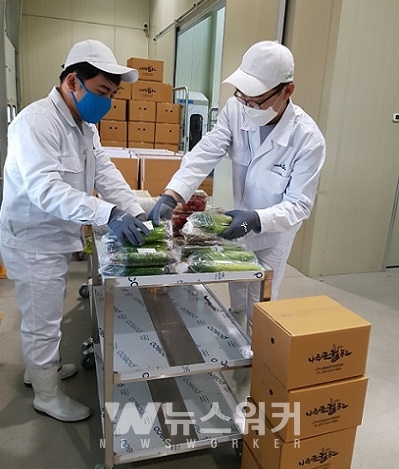 나주시공공급식지원센터 직원들이 친환경농산물 꾸러미 박스를 제작하는 모습