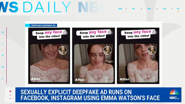 배우 엠마 왓슨의 얼굴을 합성한 AI기반 딥페이크 앱 광고를 보도중인 NBC 뉴스 (출처 : NBC 뉴스)