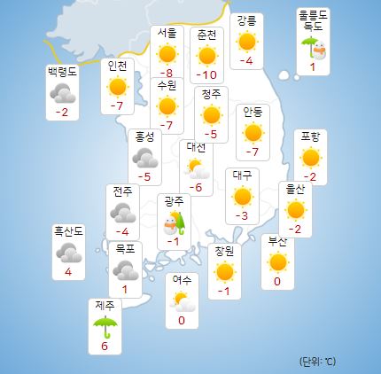 30일 서울 아침 기온이 -8도까지 떨어지는 등 전국이 쌀쌀하겠다. [사진=기상청]
