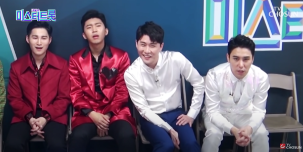 경쟁 중이라는 사실도 잊게 만든 정동원의 '여백'에 감탄하는 김희재, 임영웅, 영탁, 장민호 [사진=TV조선 공식 유튜브]