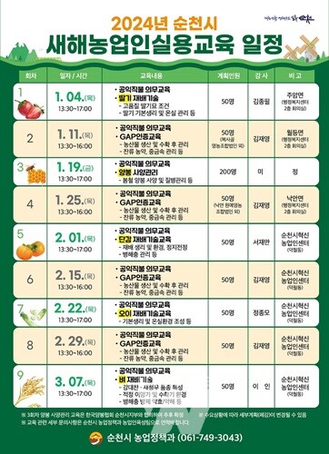 순천시, '2024년 새해 농업인 실용교육'... 1월 4일부터 시작!