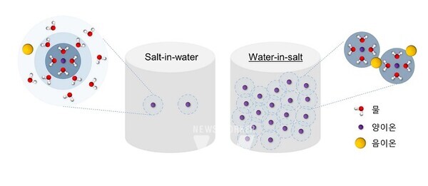 [그림1] (좌) 묽은 수계전해질 (salt-in-water) 및 (우) 초고농도 수계전해질 (water-in-salt)의 수화구조. 묽은 용액에서 이온은 물분자에 의해 양이온과 음이온으로 분리되어 존재하지만, 초고농도 용액에서 이온은 물분자의 양이 부족해 ion-ion간 강한 상호작용을 할 수 있으며 물분자의 원치 않는 반응성을 억제할 수 있음.