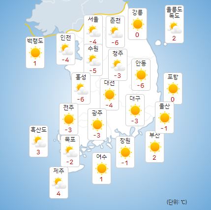 11일 아침 영하권을 보인 전국 대부분 지역의 기온은 한낮 영상권을 회복하겠다. [사진=기상청]