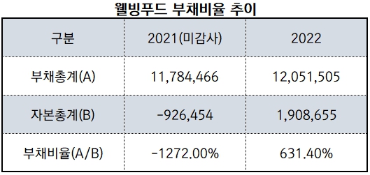 웰빙푸드 부채비율 추이 (2021-2022) / [단위: 천원, %] 자료출처: 금융감독원