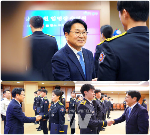 강기정 광주광역시장이 23일 오후 시청 비즈니스룸에서 광주 안전의 미래를 이끌어갈 신임 소방공무원에게 임명장을 수여하고 있다./광주광역시 제공