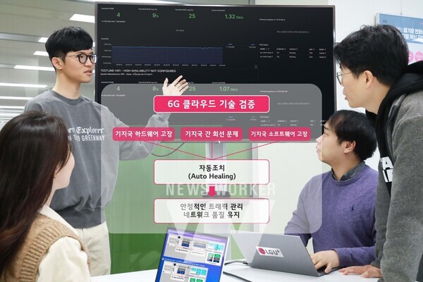 LG유플러스 직원들이 6G 클라우드 기술 검증 결과를 확인하는 모습