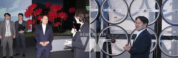 강기정 광주광역시장이 지난 6일 오후 동구 국립아시아문화전당에서 열린 ‘제32회 정책소풍’에 참석해 간담회에 앞서 전시작품을 관람하고 있다./광주광역시 제공