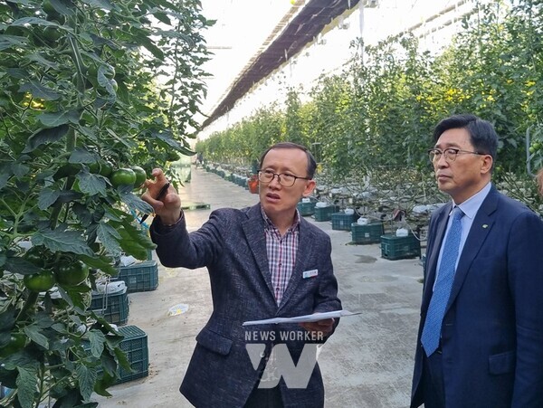 쎄븐팜영농조합법인 현장 방문 * 한국농수산식품유통공사 김춘진 사장(우측)