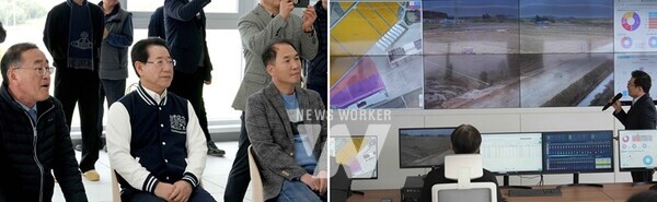 김영록 전라남도지사가 22일 오후 나주 반남면 첨단 무인자동화 시범단지 현장을 방문, 인공지능(AI) 농작업 시연을 관람하고 있다.