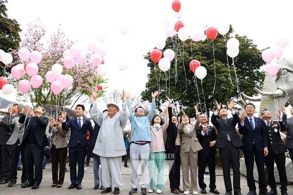 서부해당화 봄꽃축제 개장식에서 축제 시작을 알리는 풍선날리기 행사가 진행되고 있다. 