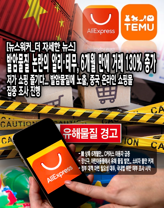 지난 7일 인천본부세관은 알리익스프레스와 테무에서 판매 중인 장신구의 성분을 분석한 결과, 404개의 제품 중 96개의 제품에서 기준치를 초과하는 발암물질이 검출됐다고 발표했다. 특히 카드뮴과 납의 경우, 국내 안전 기준치보다 최소 10배에서 최대 700배에 이르는 수치가 나오기도 했다.서울시에서도 알리익스프레스에서 높은 판매율을 기록하는 어린이용품과 생활용품을 조사한 결과, 31개의 제품 중 8개의 제품에서 허용 기준치를 크게 넘는 유해 물질이 검출됐다고 발표했다. 특히 어린이용 제품에서 ‘프탈레이트계 가소제’가 검출되어 ...[본문 중에서]