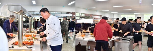 장성군이 지역 외식업체와 함께 상무대 장병에게 특식을 제공했다- 현장을 찾은 김한종 군수