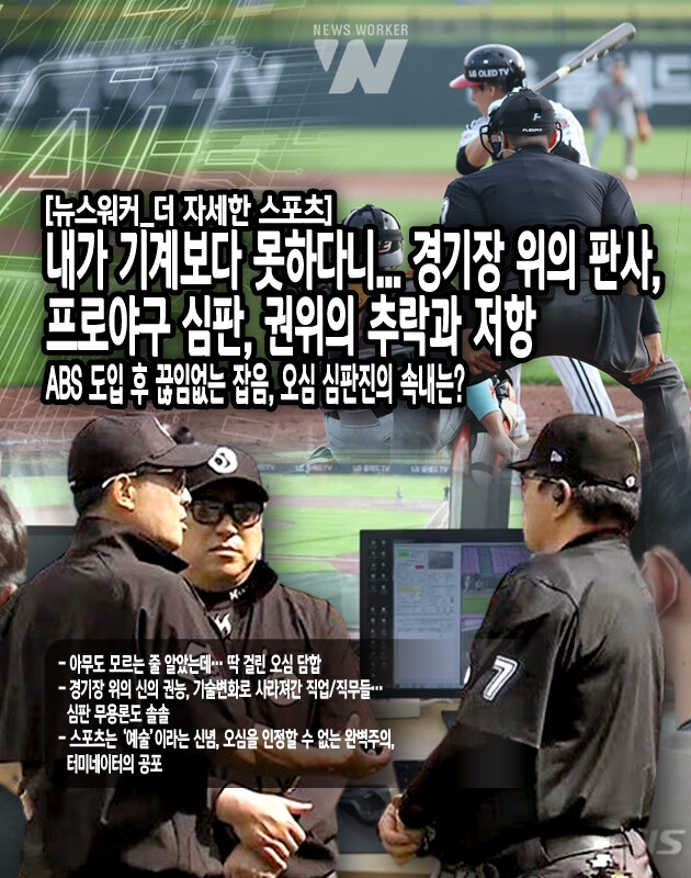 이민호 심판 조장 아래 4명의 심판진이 담합까지 하면서 본인들의 실수를 감추고 ABS의 판단을 따돌린 이유는 무엇인가? 그것은 많은 사람들이 ‘스포츠는 단순한 규칙의 집합체가 아닌, 인간의 신체적 능력과 정신력, 그리고 예술성이 어우러진 종합 예술’이라고 믿기 때문이다. 예술이야말로 인간의 주관성이 극대화된 분야이기 때문이다. 그리고 스포츠는 부분적으로 인간의 감정을 신체적으로 표현한다. 도전, 흥분, 열광, 분노, 좌절이 교차하는 필드 위에서 인간 심판은...[본문 중에서]