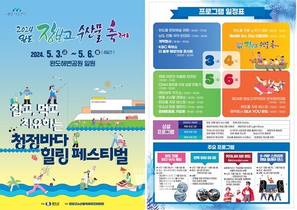 전남 완도군의 대표 축제인 ‘2024 장보고 수산물 축제’가 5월 3일부터 6일까지 4일간 완도 해변공원과 해양치유센터 일원에서 개최된다.