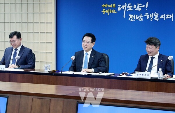 김영록 전라남도지사가 7일 오전 도청 서재필실에서 실국장 정책회의를 주재하고 있다.