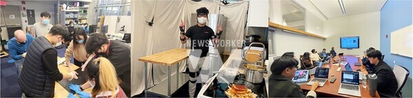 MIT 오프라인 방문 및 교류 활동: (왼쪽부터) 2021년 MIT 방문 시 촉각 센서 제작 작업, 2022년 멀티모달 기반 웨어러블 센서 데이터 세트 수집, 2023년 공동연구 논의 장면