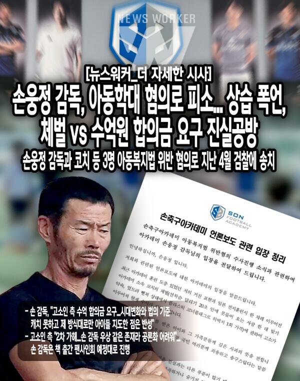 손 감독은 입장문을 통해 "최근 아카데미 훈련 도중 있었던 저의 거친 표현과 일본 전지훈련 시 한차례 이뤄진 소속 코치의 체벌에 관해 고소가 이뤄져 현재 수사가 진행 중"이라고 밝혔다. 그러나 "고소인의 주장은 진실과는 다른 부분이 많기 때문에 아카데미 측은 사실관계를 왜곡하거나 숨기지 않고...[본문 중에서]