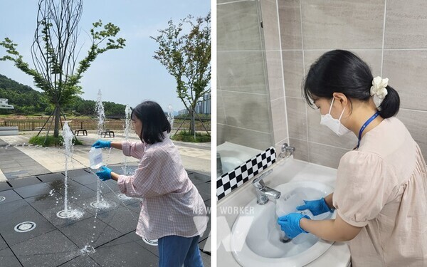 나주시, 다중이용시설(빛가람 호수공원, 노인복지관 화장실) 레지오넬라증 채취 장면 (사진제공-나주시)