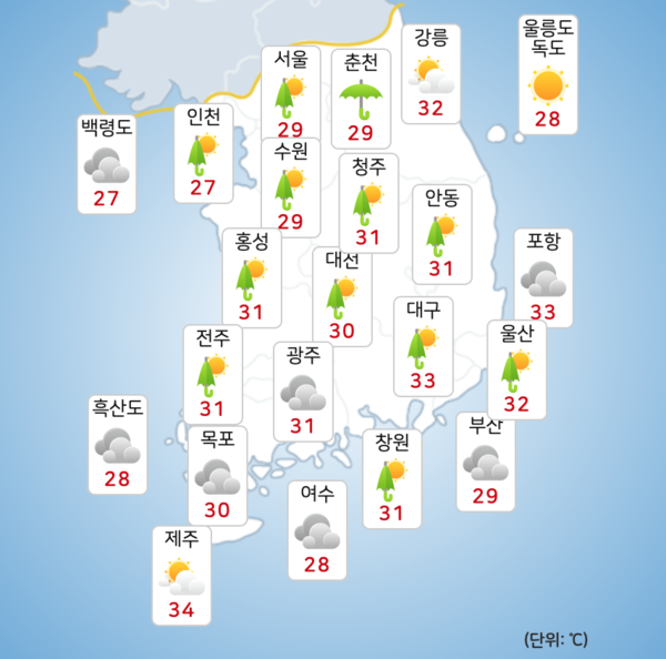 일요일 제주도와 남부지방 등 일부 지역에서 장맛비가 소강상태를 보이겠다. [사진=기상청]