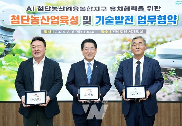 김영록 전라남도지사가 6일 오전 도청 서재필실에서 원유현 ㈜대동 대표이사, 정선옥 (사)한국농업기계학회 부회장과 인공지능(AI) 첨단농산업 융복합지구 유치 및 첨단농산업 육성 협력을 강화하기 위한 ‘첨단농산업 육성 및 기술발전’ 업무협약을 하고 있다.