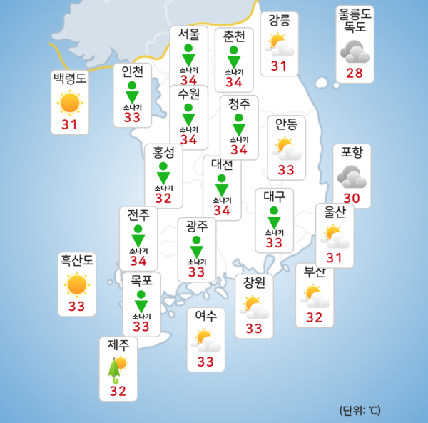 토요일 지역별로 요란한 소나기가 쏟아지겠다. [사진=기상청]
