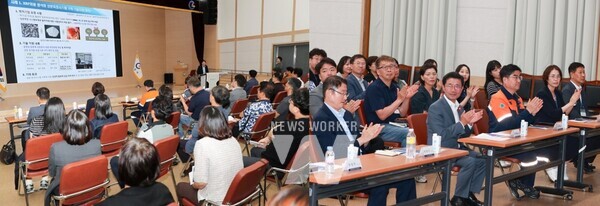 28일, 광양시청에서 열린 포스코벤처지원단 발대식에서 포스코벤처지원단 천명식 대표가 기술지원 사례를 소개하고 있다