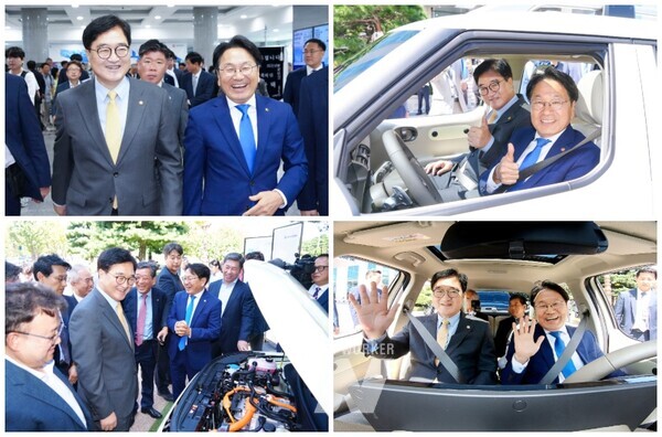 강기정 광주광역시장이 ‘국회, 광주의 날’ 둘째날인 3일 오전 서울 국회의원회관 앞에 마련된 캐스퍼EV 전시장에서 국회 1호 캐스퍼 전기차(EV) 구매에 나선 우원식 국회의장과 차량 시승을 하고 있다./광주광역시 제공