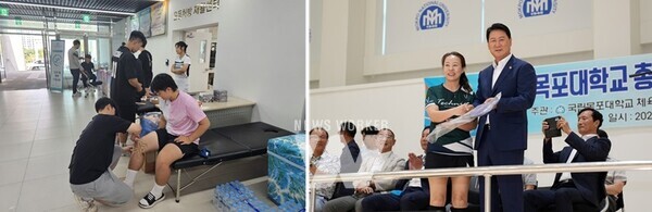 (왼쪽) 운동처방재활실 테이핑 봉사 (오른쪽) 송진호 목포체육회 회장이 안세영 사인 라켓을 동호인에게 경품으로 전달하고 있다.