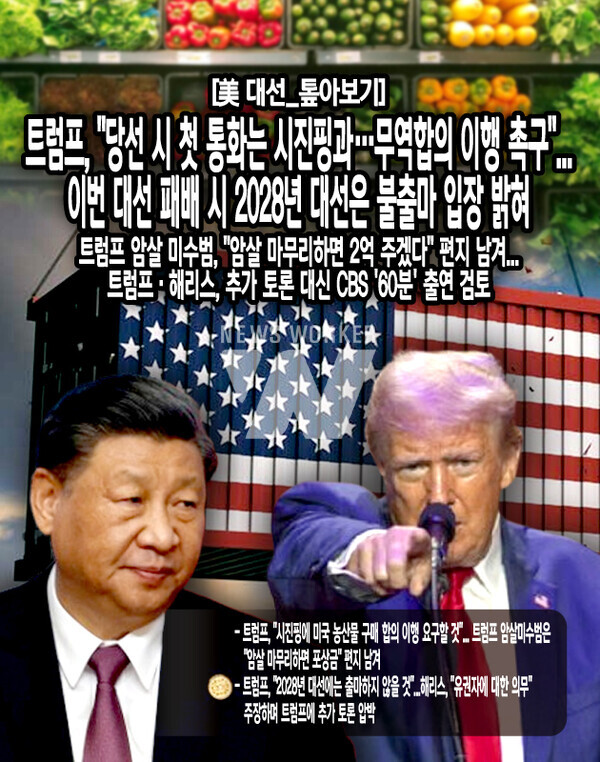 트럼프 전 대통령은 시 주석이 미국 농산물 500억 달러(약 69조원) 어치를 구입하기로 자신과 합의했었다면서 "나는 그(시 주석)가 100% 그것을 다 살 것을 장담한다"고...[본문 중에서]