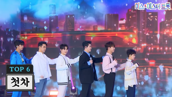 '미스터트롯' 톱6 임영웅, 영탁, 이찬원, 정동원, 장민호, 김희재의 '첫차' 중에서. 여기서도 정동원이 맨 앞이다. [사진=미스 앤 미스터 트롯]