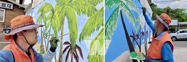 광양제철소 에버그린 벽화 재능봉사단이 태금파출소 인근에서 벽화그리기 봉사를 펼쳤다.(2) 광양제철소 에버그린 벽화 재능봉사단이 태금파출소 인근에 그린 벽화의 모습.(4) 광양제철소 에버그린 벽화 재능봉사단이 벽화를 그릴 벽면을 깨끗하게 청소하고 다듬는 모습. 광양제철소 에버그린 벽화 재능봉사단이 벽화를 그릴 바탕색을 칠하는 모습.