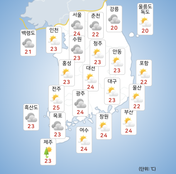 수요일 전국이 대체로 맑고 동해안과 제주도에 가끔 비가 오겠다. [사진=기상청]