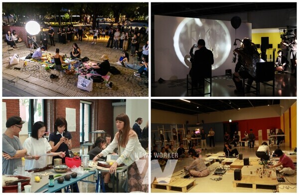 (왼쪽부터 시계방향) 미디엔그루페 비트닉, 바루흐 고틀립 & 사크로비스키 《4x4 서울 에디션》 오프닝 공연 / 야광, 《젤라틴》 퍼포먼스 / 손윤원 × 레지스터 코리아, 《흐르는 몸》 사운드 퍼포먼스 / 마야 민더, 《해조류 키친랩 “미끌 미끌”》 워크숍