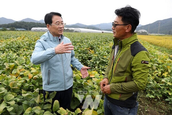 강진원 군수가 지난 7일, 칠량면 송정리 윤형준 농가를 방문해 논콩 재배와 관련해 대화를 나누고 있다