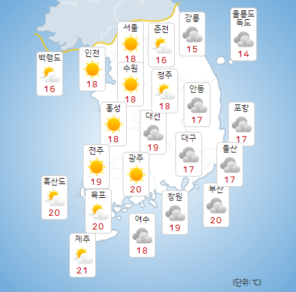 일요일 서쪽은 맑지만, 동쪽은 구름이 끼겠다. [사진=기상청]