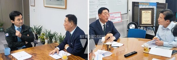 김한종 장성군수(우)가 6일 국회를 방문해 현안사업 예산 확보에 나섰다. (왼쪽) 안규백 의원과 김한종 군수, (오른쪽)김한종 군수와 주철현 의원