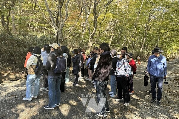 순천시티투어 가을빛투어 참여자들이 선암사에서 해설사의 설명을 듣고 있다