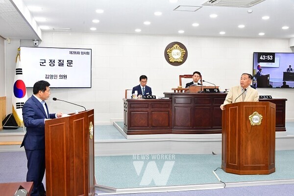 함평군의회 김영인 의원이 제295회 임시회에서 군정질문을 하고 있다