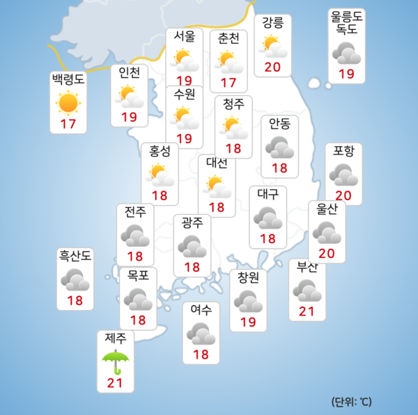 일요일 전국이 대체로 흐리고 제주도에 비가 오겠다. [사진=기상청]