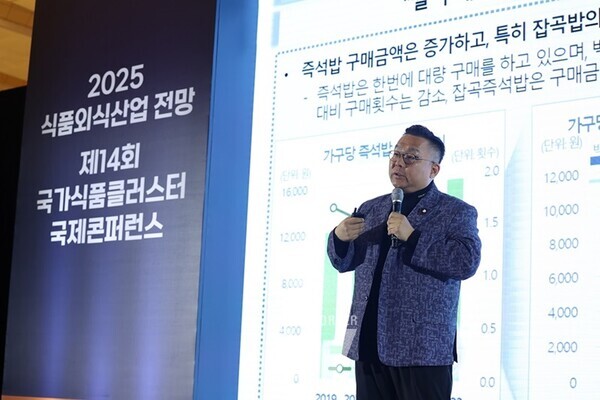 2025 식품외식산업 전망 모습* 개회사하는 한국농수산식품유통공사 홍문표 사장(참고사진1) 2025 식품외식산업 전망 강연 현장* 서울대학교 푸드비즈랩 문정훈 교수(참고사진2) 2025 식품외식산업 전망 흑백요리사 초청 특별대담* (왼쪽부터) 박준우 셰프, 조광효 셰프, 김미령 셰프, 장지수 셰프