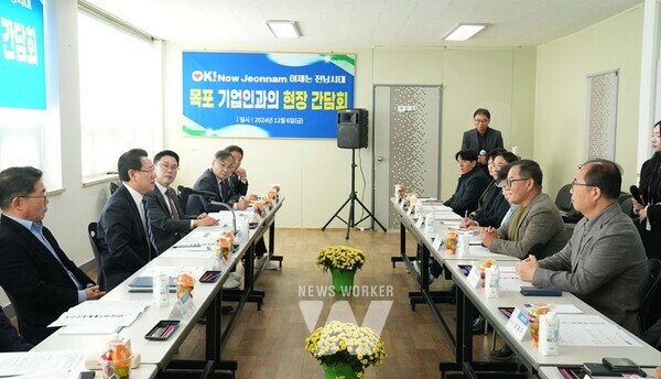 김영록 전라남도지사가 6일 목포 산정농공단지협의회에서 목포 기업인들과 간담회를 하고 애로사항 청취 및 격려를 하고 있다.