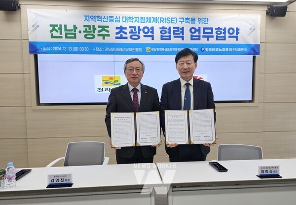 광주테크노파크(원장 김영집)는 전라남도 인재평생교육진흥원(원장 범희승)과 RISE사업의 성공적인 추진을 위해 초광역 협력체계 구축 업무협약을 체결했다