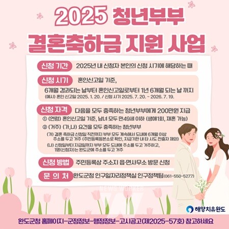 완도군, 청년 신혼부부에게 결혼 축하금 지원한다!