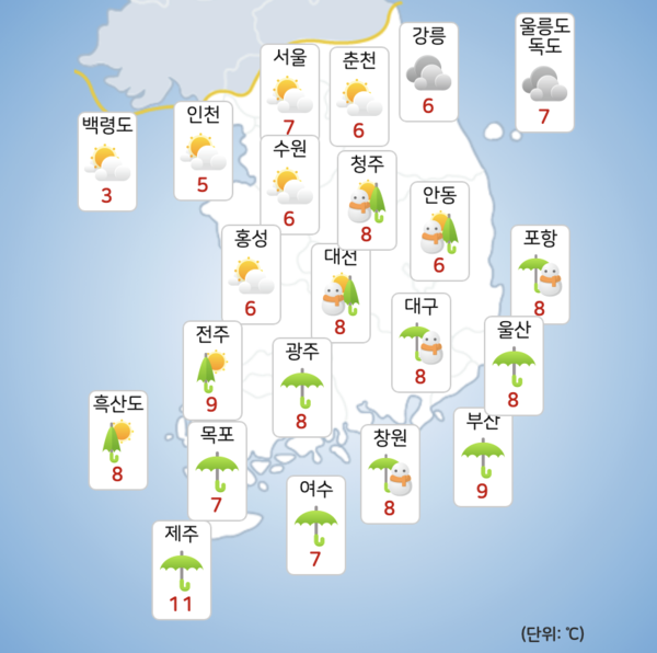 토요일 눈비가 이어지겠다. [사진=기상청]