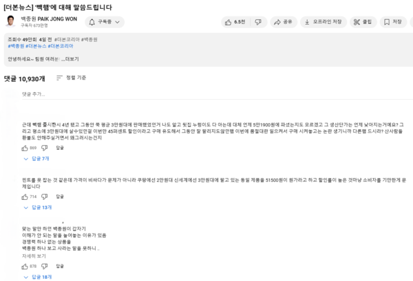 빽햄 해명 영상 댓글 [사진=유튜브]