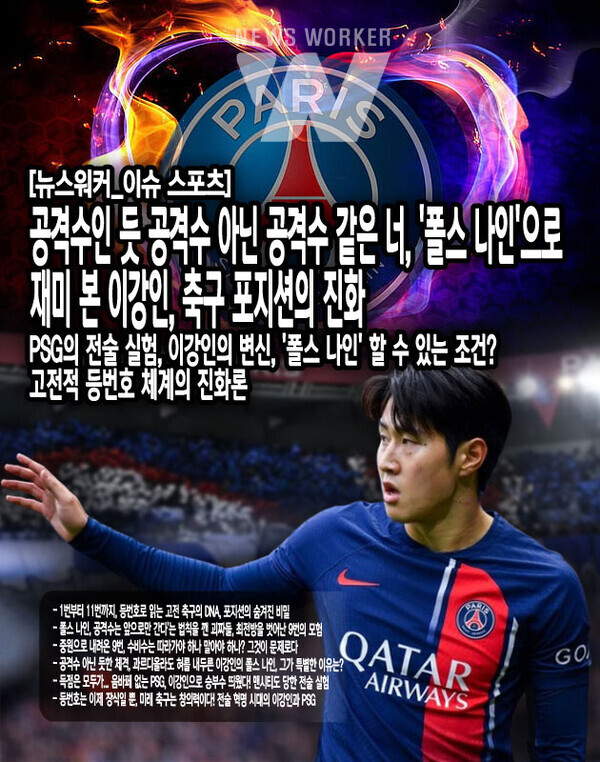 PSG가 이강인을 폴스 나인으로 기용하는 데는 그만한 이유가 있다. 일반적으로 9번 스트라이커라고 하면 크고 강한 체격을 떠올리기 마련이다. 실제로 PSG의 주전 스트라이커인 곤살루 하무스는 189cm의 체격을 자랑한다. 반면 173cm의 이강인은 언뜻 보기에 전통적인 스트라이커와는 거리가 멀어...[본문 중에서]