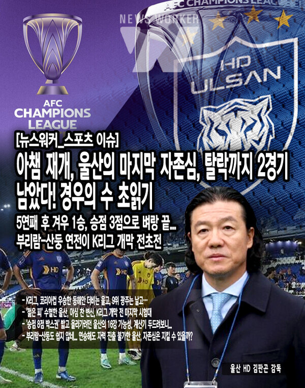 울산의 아챔 부진은 리그에서의 성과와 너무나 대조적이다. 비록 지난 시즌, 홍명보 감독이 중간에 차출되는 등 팀의 혼란 속에서도 김판곤 체제하에 3연패까지 달성했던 울산. 한정된 에너지를 국내에 집중했기...[본문 중에서]
