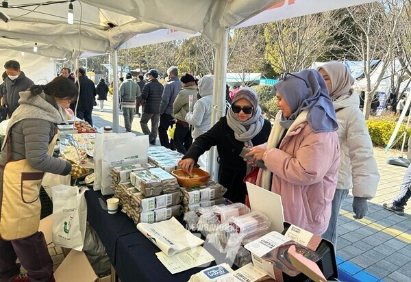 제53회 강진 청자축제장을 찾은 관광객들이 직거래장터에서 쇼핑을 하고 있다.