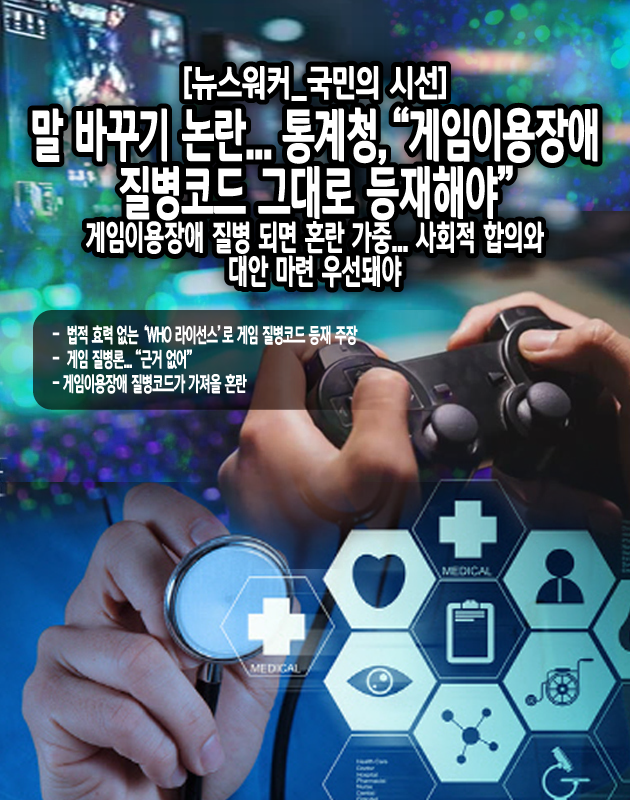 통계청이 WHO의 ICD-11 라이선스를 근거로 게임이용장애 질병코드를 한국표준질병분류(KCD)에 등재해야 한다고 주장하며 논란이 커지고 있다. 게임산업계와 의료계는 이에 반발하며, WHO 라이선스가 국내 법적 효력이 없고 과학적 근거가 부족하다고 비판한다. 강유정 의원은 통계청의 입장 변화를 "국민 사기극"이라며 게임산업 위축(8조8000억 원 감소, 8만 명 일자리 손실)을 우려했다. 전문가들은 게임이용장애를 질병으로 분류할 근거가 불충분하며, 사회적 혼란과 비합리적 규제를 초래할 수 있다고 경고하고 있다...[편집자 주]